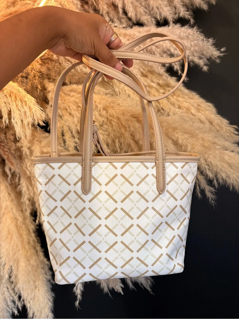 Cream & Tan Patterned Tote Bag